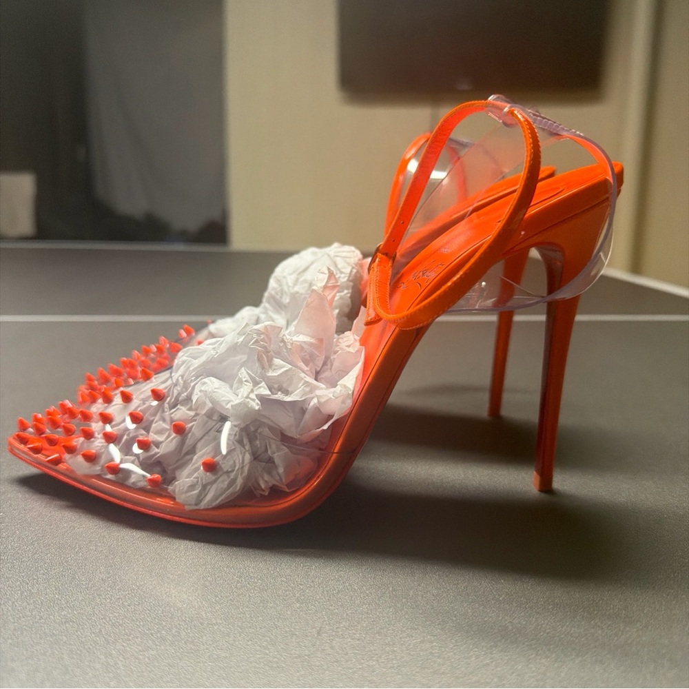 Christian Louboutin Spikoo PVC Fluo Neon Orange AnkleStrap‎ Sandal Pumps NWOT 39 - Picture 6 of 10